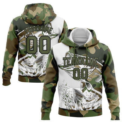 Custom Stitched Camo Olive-Black 3D Largemouth Bass Fish Fishing Sports Pullover Sweatshirt Hoodie