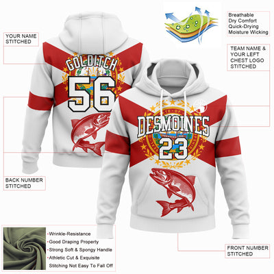 Custom Stitched White Red-Black 3D Atlantic Salmon Fish Fishing Sports Pullover Sweatshirt Hoodie