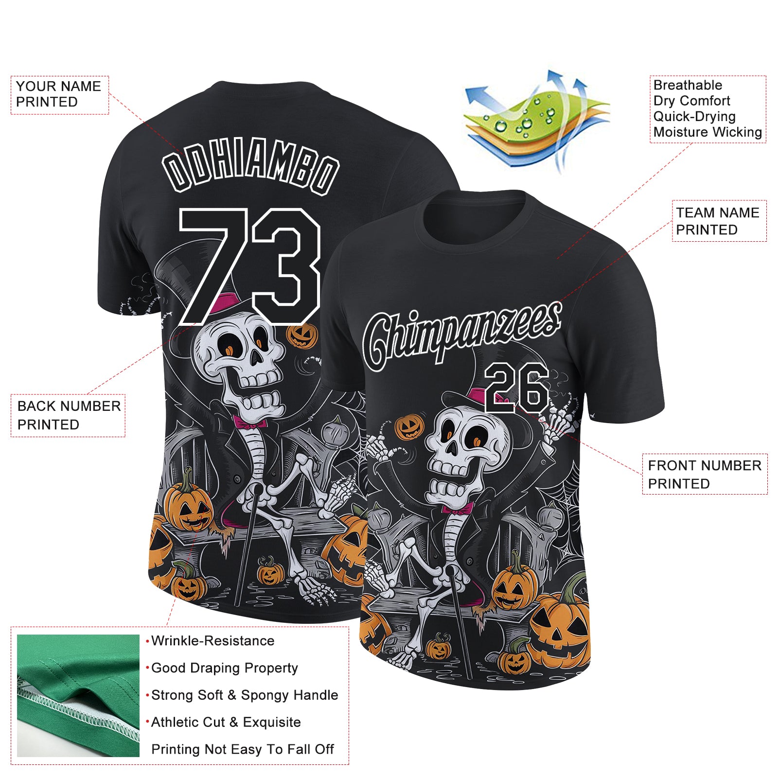 Custom Black White 3D Halloween Performance T-Shirt