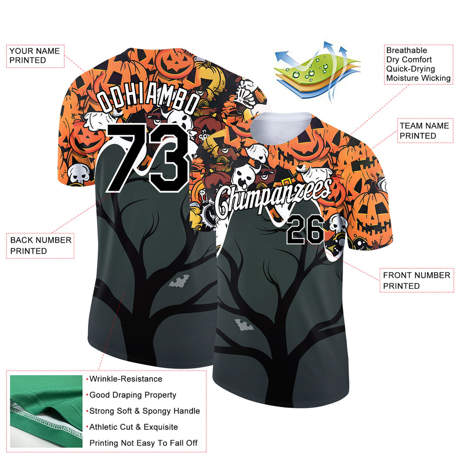 Custom Steel Gray Black-Orange 3D Halloween Performance T-Shirt