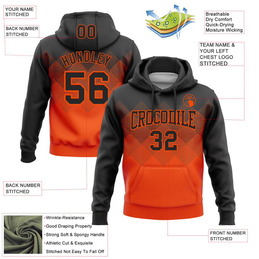 Custom Stitched Black Orange 3D Pattern Design Gradient Square Shape Sports Pullover Sweatshirt Hoodie