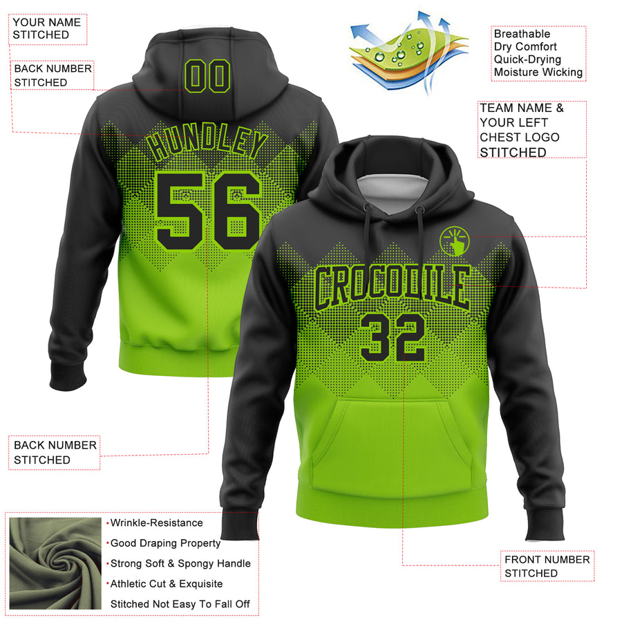 Custom Stitched Black Neon Green 3D Pattern Design Gradient Square Shape Sports Pullover Sweatshirt Hoodie