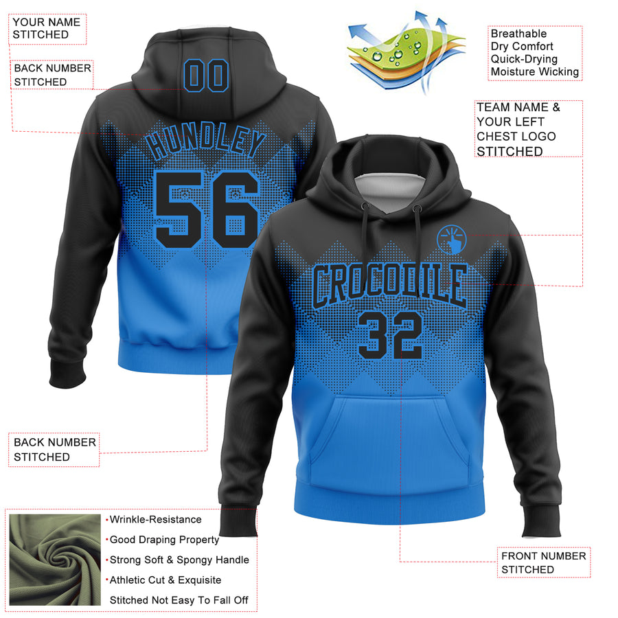 Custom Stitched Black Powder Blue 3D Pattern Design Gradient Square Shape Sports Pullover Sweatshirt Hoodie