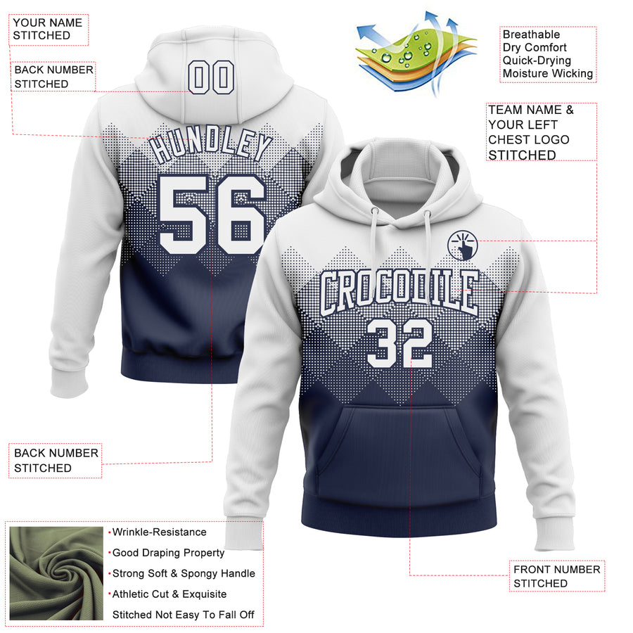 Custom Stitched White Navy 3D Pattern Design Gradient Square Shape Sports Pullover Sweatshirt Hoodie