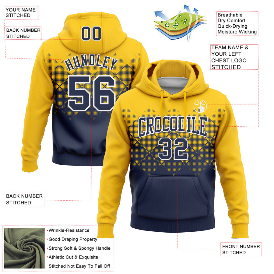 Custom Stitched Yellow Navy-White 3D Pattern Design Gradient Square Shape Sports Pullover Sweatshirt Hoodie