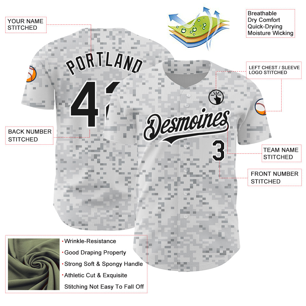 Custom Camo Black-White 3D Arctic Camouflage Authentic Baseball Jersey