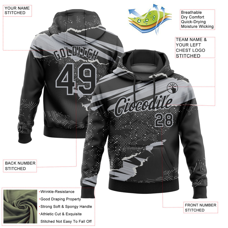 Custom Stitched Black Gray 3D Pattern Design Torn Paper Style Sports Pullover Sweatshirt Hoodie