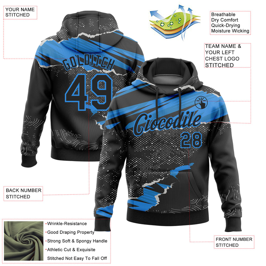 Custom Stitched Black Powder Blue 3D Pattern Design Torn Paper Style Sports Pullover Sweatshirt Hoodie