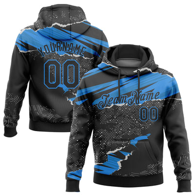 Custom Stitched Black Powder Blue 3D Pattern Design Torn Paper Style Sports Pullover Sweatshirt Hoodie