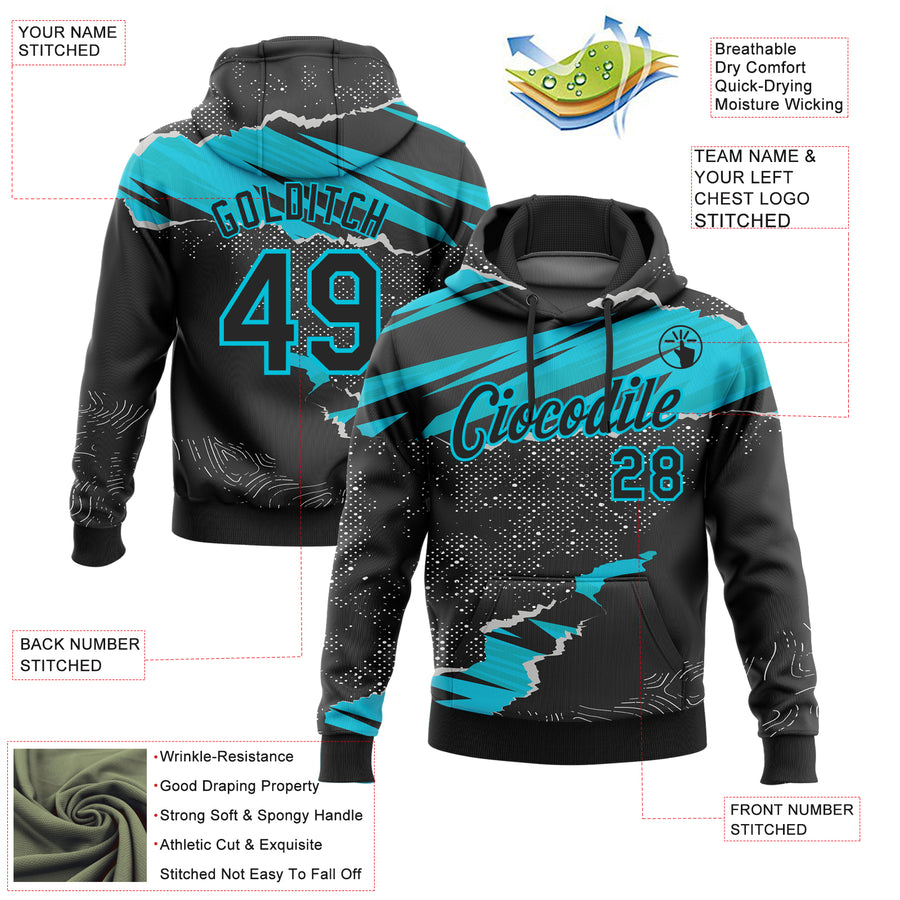 Custom Stitched Black Lakes Blue 3D Pattern Design Torn Paper Style Sports Pullover Sweatshirt Hoodie