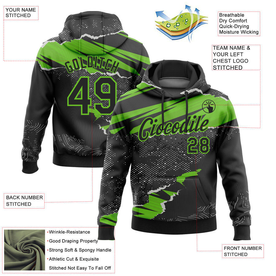 Custom Stitched Black Aurora Green 3D Pattern Design Torn Paper Style Sports Pullover Sweatshirt Hoodie