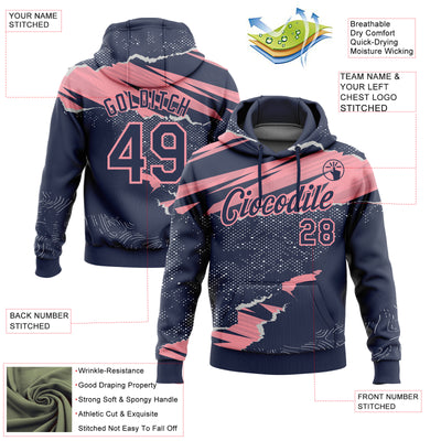 Custom Stitched Navy Medium Pink 3D Pattern Design Torn Paper Style Sports Pullover Sweatshirt Hoodie