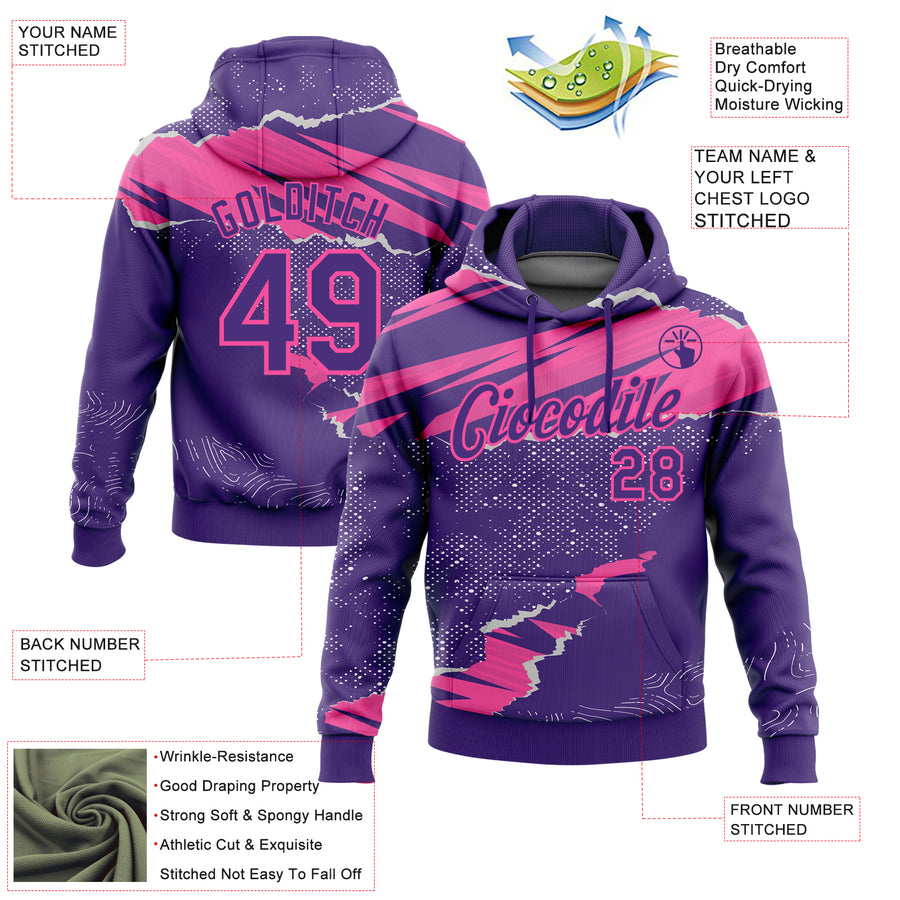 Custom Stitched Purple Pink 3D Pattern Design Torn Paper Style Sports Pullover Sweatshirt Hoodie