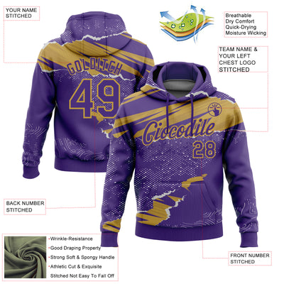 Custom Stitched Purple Old Gold 3D Pattern Design Torn Paper Style Sports Pullover Sweatshirt Hoodie