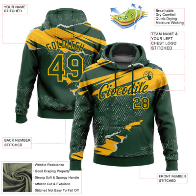 Custom Stitched Green Gold 3D Pattern Design Torn Paper Style Sports Pullover Sweatshirt Hoodie