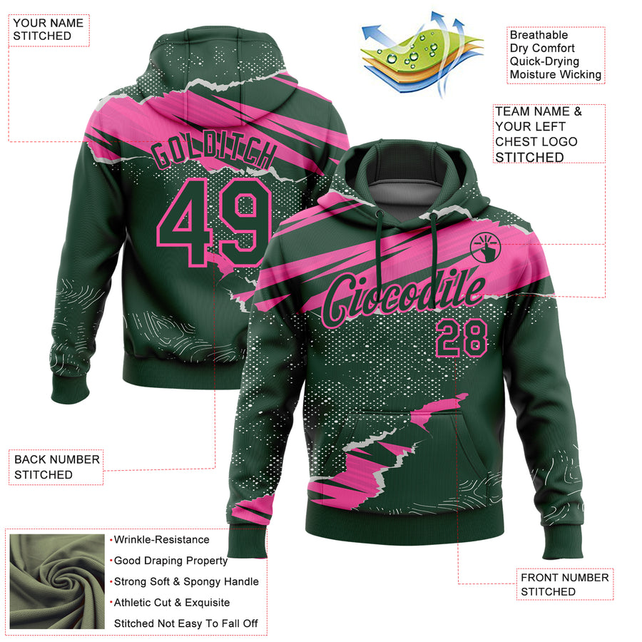 Custom Stitched Green Pink 3D Pattern Design Torn Paper Style Sports Pullover Sweatshirt Hoodie