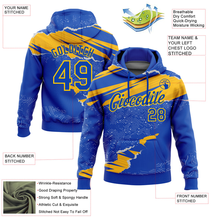 Custom Stitched Thunder Blue Gold 3D Pattern Design Torn Paper Style Sports Pullover Sweatshirt Hoodie