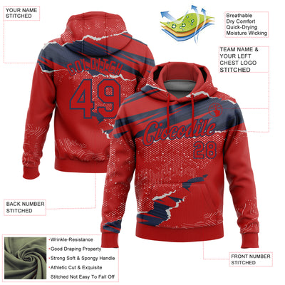 Custom Stitched Red Navy 3D Pattern Design Torn Paper Style Sports Pullover Sweatshirt Hoodie