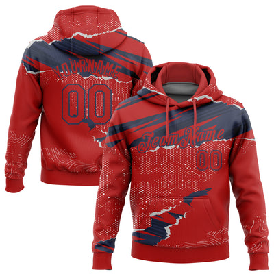 Custom Stitched Red Navy 3D Pattern Design Torn Paper Style Sports Pullover Sweatshirt Hoodie