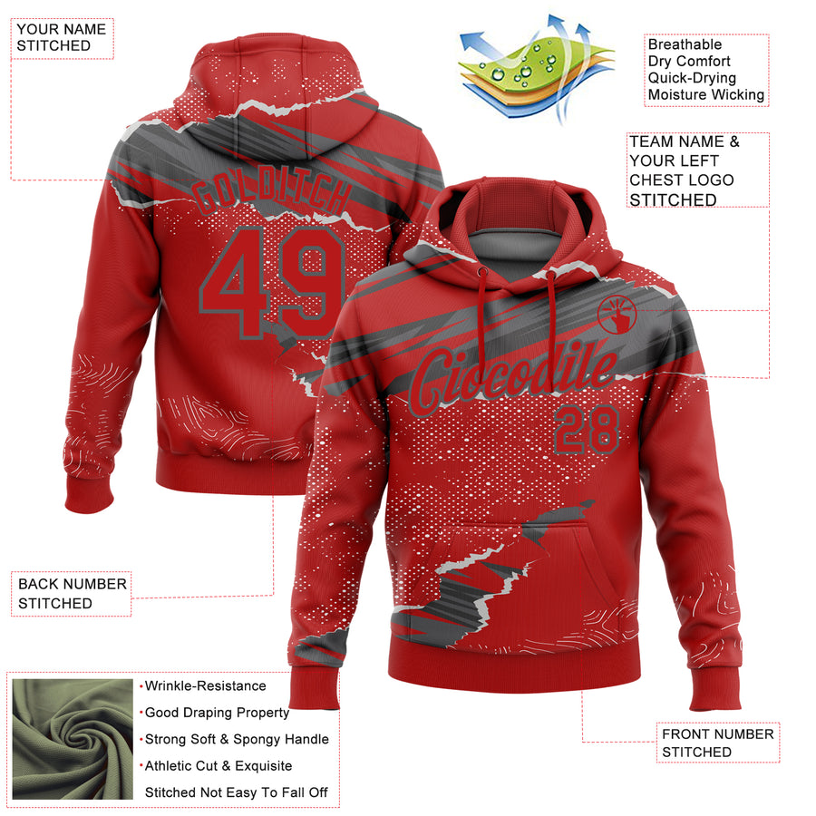 Custom Stitched Red Steel Gray 3D Pattern Design Torn Paper Style Sports Pullover Sweatshirt Hoodie