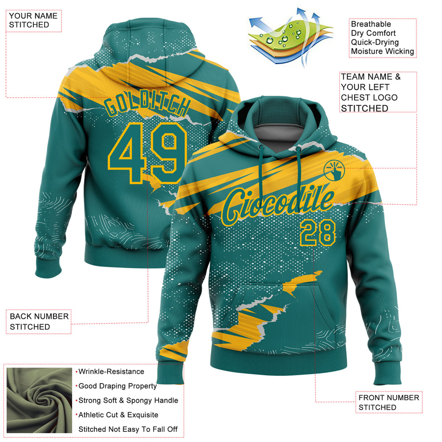 Custom Stitched Teal Gold 3D Pattern Design Torn Paper Style Sports Pullover Sweatshirt Hoodie