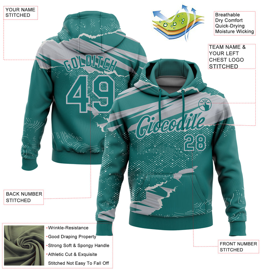 Custom Stitched Teal Gray 3D Pattern Design Torn Paper Style Sports Pullover Sweatshirt Hoodie