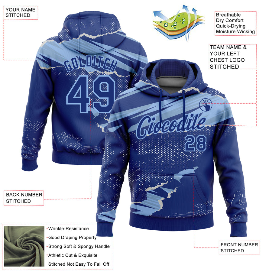 Custom Stitched Royal Light Blue 3D Pattern Design Torn Paper Style Sports Pullover Sweatshirt Hoodie