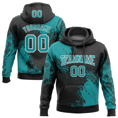 Custom Stitched Black Teal-White 3D Pattern Design Abstract Brush Stroke Sports Pullover Sweatshirt Hoodie