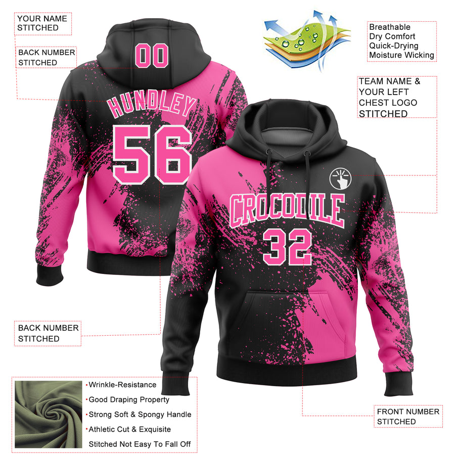 Custom Stitched Black Pink-White 3D Pattern Design Abstract Brush Stroke Sports Pullover Sweatshirt Hoodie