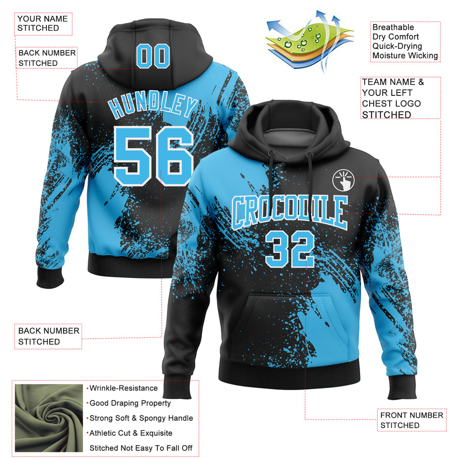 Custom Stitched Black Sky Blue-White 3D Pattern Design Abstract Brush Stroke Sports Pullover Sweatshirt Hoodie