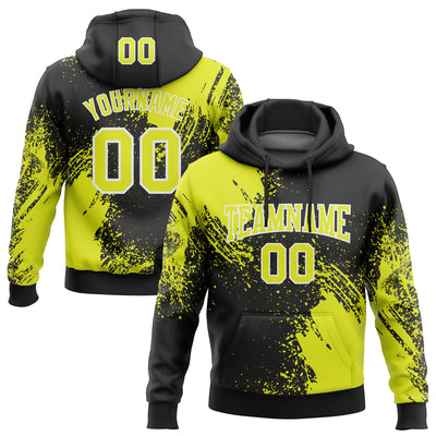 Custom Stitched Black Neon Yellow-White 3D Pattern Design Abstract Brush Stroke Sports Pullover Sweatshirt Hoodie