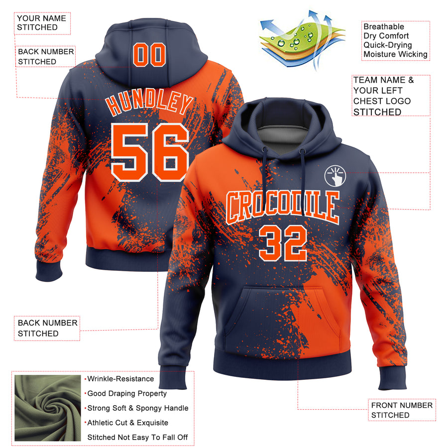 Custom Stitched Navy Orange-White 3D Pattern Design Abstract Brush Stroke Sports Pullover Sweatshirt Hoodie