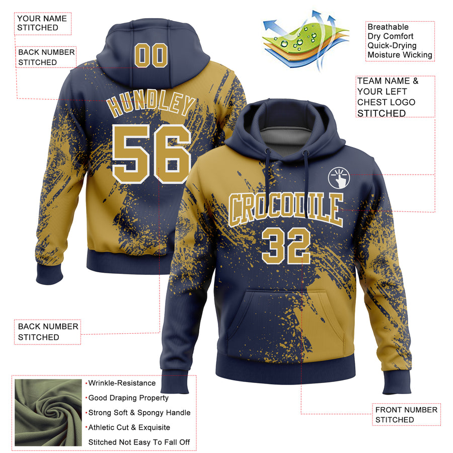 Custom Stitched Navy Old Gold-White 3D Pattern Design Abstract Brush Stroke Sports Pullover Sweatshirt Hoodie