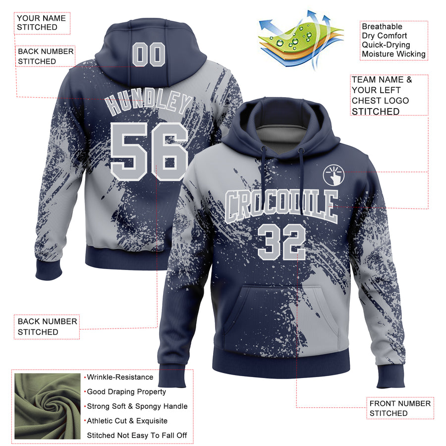 Custom Stitched Navy Gray-White 3D Pattern Design Abstract Brush Stroke Sports Pullover Sweatshirt Hoodie