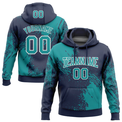 Custom Stitched Navy Teal-White 3D Pattern Design Abstract Brush Stroke Sports Pullover Sweatshirt Hoodie