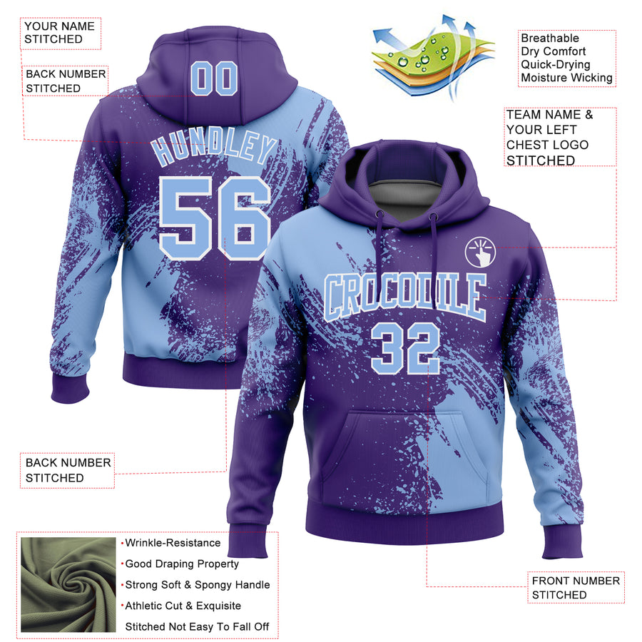 Custom Stitched Purple Light Blue-White 3D Pattern Design Abstract Brush Stroke Sports Pullover Sweatshirt Hoodie