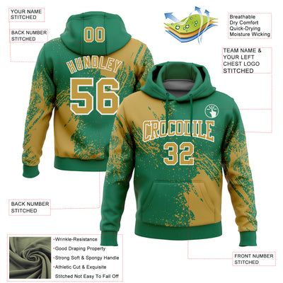 Custom Stitched Kelly Green Old Gold-White 3D Pattern Design Abstract Brush Stroke Sports Pullover Sweatshirt Hoodie