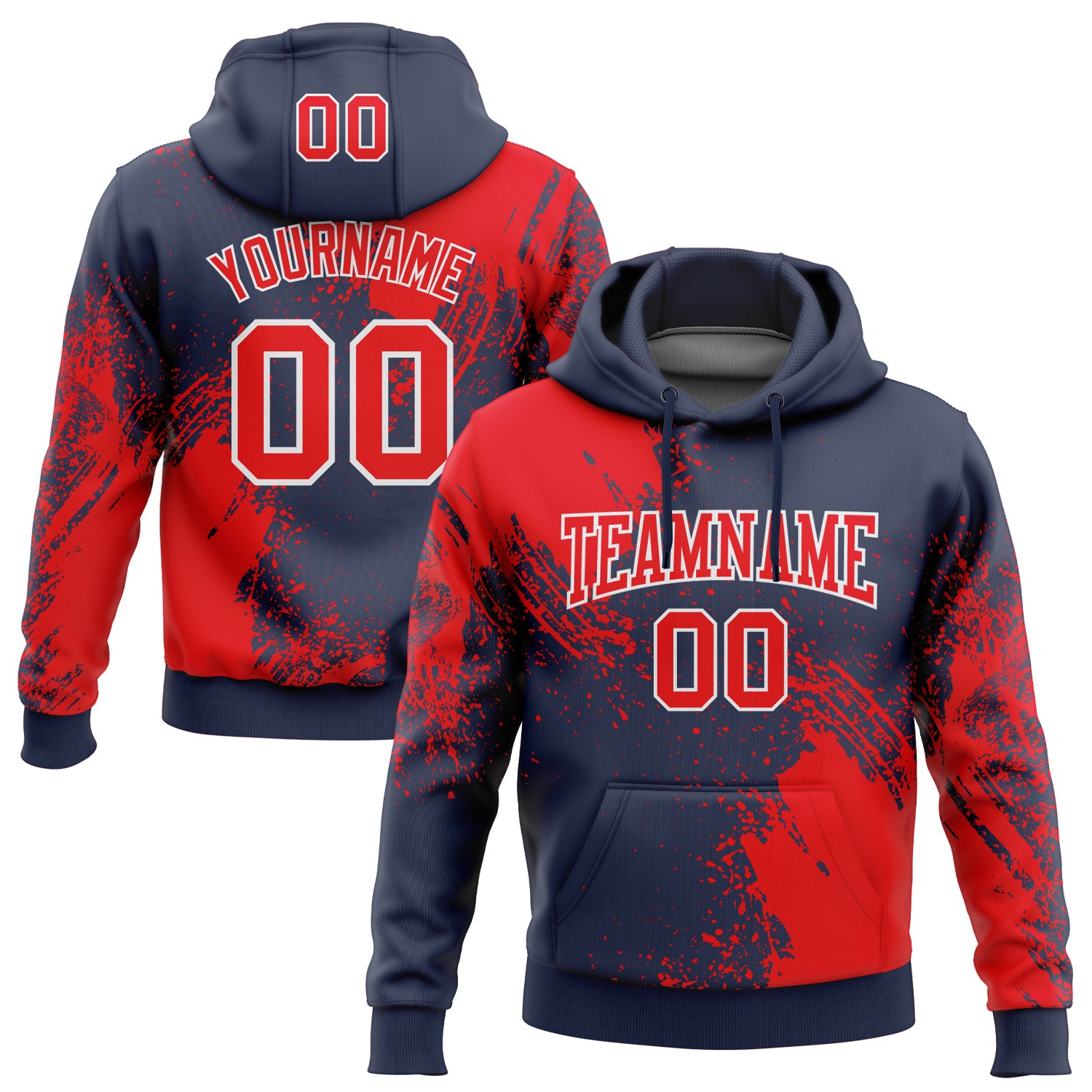 Custom Stitched Navy Fire Red-White 3D Pattern Design Abstract Brush Stroke Sports Pullover Sweatshirt Hoodie