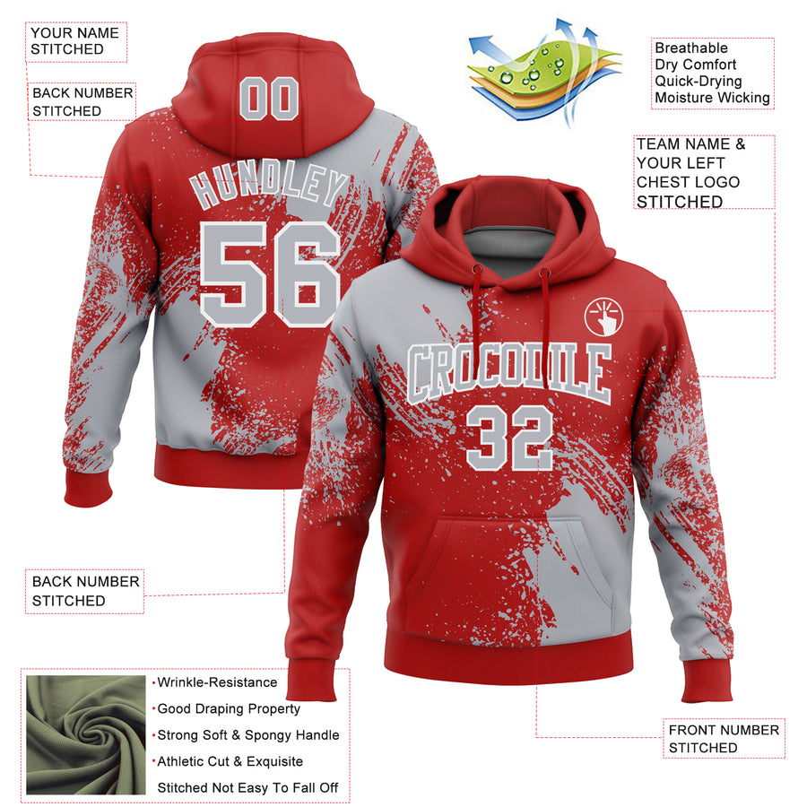 Custom Stitched Red Gray-White 3D Pattern Design Abstract Brush Stroke Sports Pullover Sweatshirt Hoodie