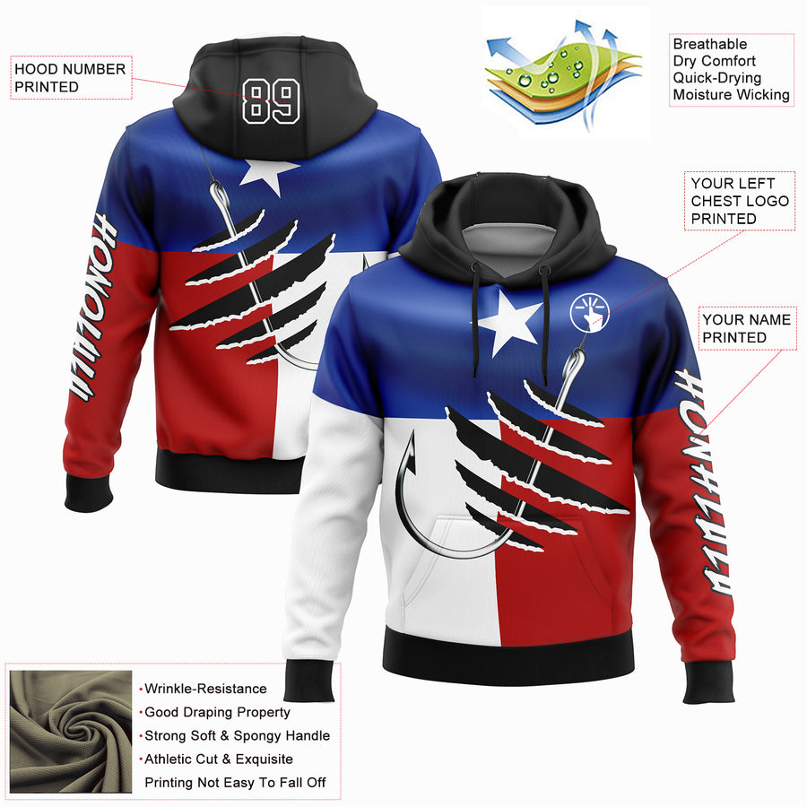 Custom Stitched Royal Black-Red 3D Texas Flag And Fish Hook Fishing Sports Pullover Sweatshirt Hoodie