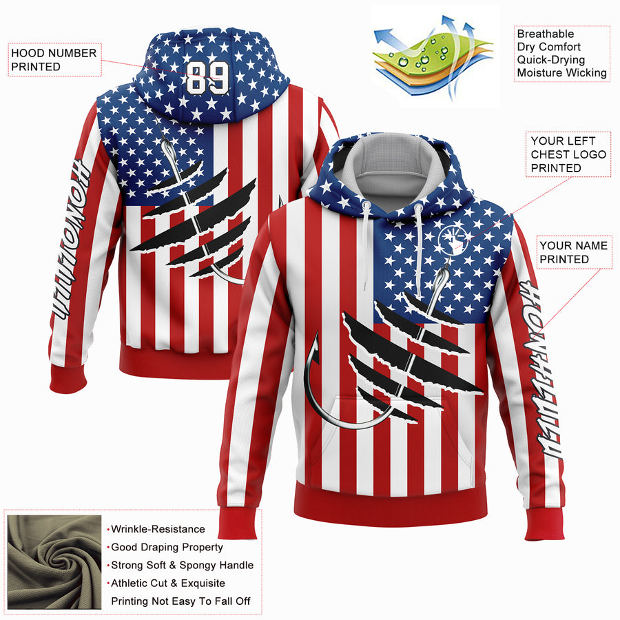 Custom Stitched Red US Navy Blue-Black 3D American Flag And Fish Hook Fishing Sports Pullover Sweatshirt Hoodie