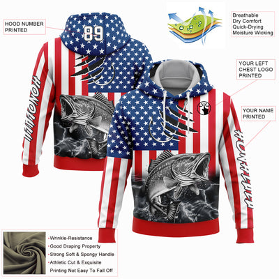 Custom Stitched Red US Navy Blue-Black 3D American Flag And Largemouth Bass Fish Fishing Sports Pullover Sweatshirt Hoodie