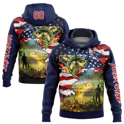 Custom Stitched Navy Red-White 3D American Flag And Smallmouth Bass Fish Fishing Sports Pullover Sweatshirt Hoodie