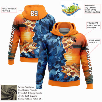 Custom Stitched Bay Orange Camo-Black 3D Trout Fish Fishing Sports Pullover Sweatshirt Hoodie