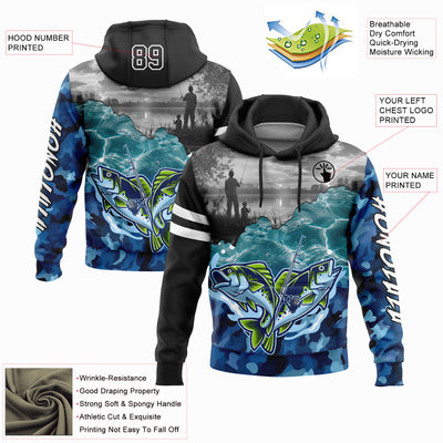 Custom Stitched Black Camo-White 3D Largemouth Bass Fish Fishing Sports Pullover Sweatshirt Hoodie