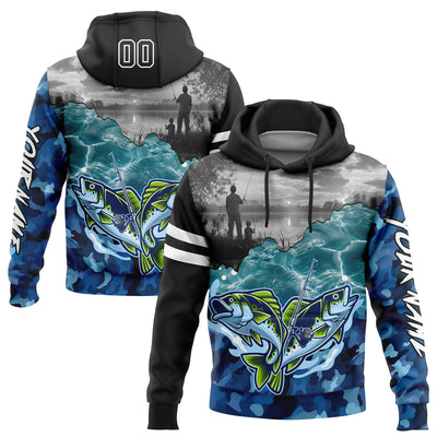 Custom Stitched Black Camo-White 3D Largemouth Bass Fish Fishing Sports Pullover Sweatshirt Hoodie