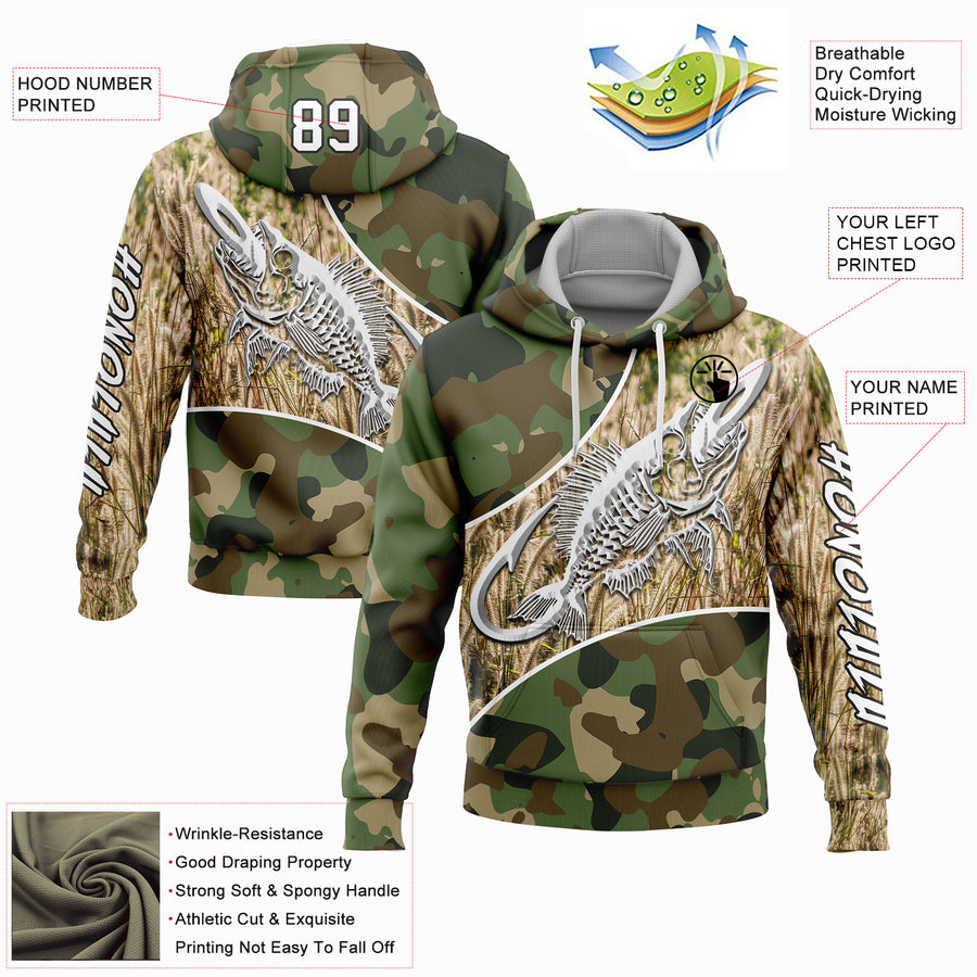 Custom Stitched Camo White-Black 3D Fish Hook Skull Fishing Sports Pullover Sweatshirt Salute To Service Hoodie