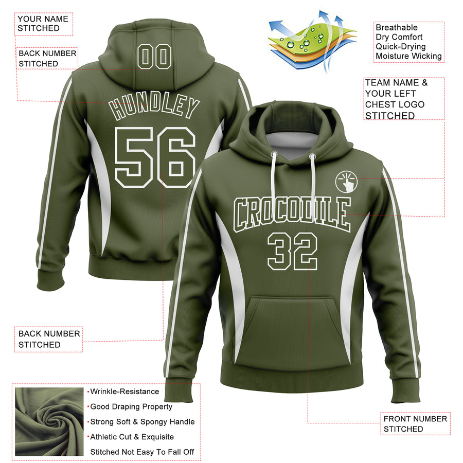 Custom Stitched Olive White 3D Pattern Design Color Blocking Stripe Sports Pullover Sweatshirt Hoodie