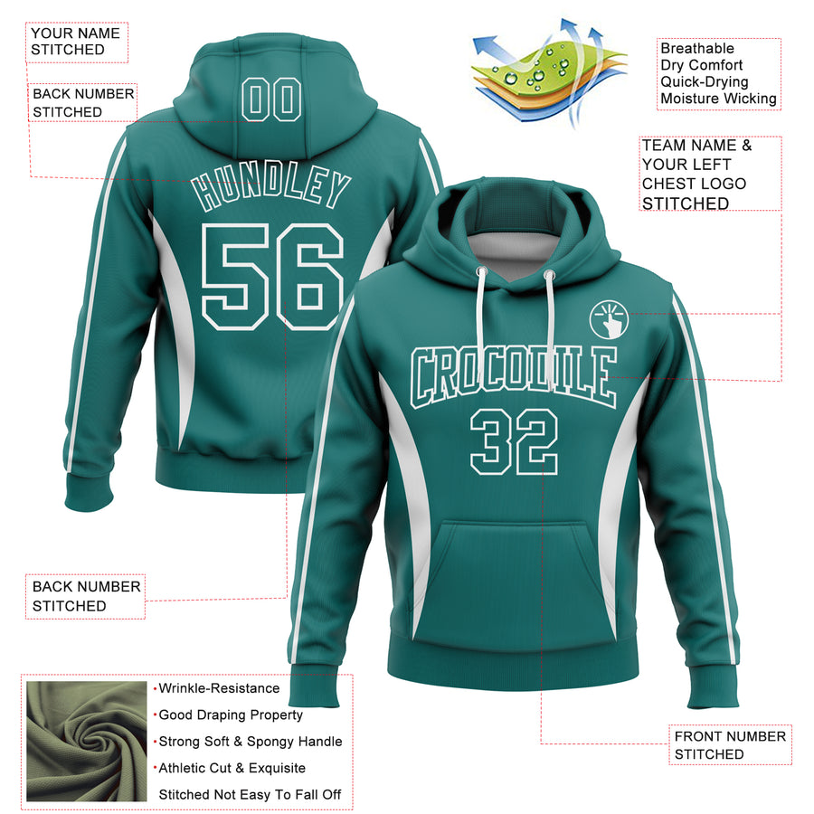 Custom Stitched Teal White 3D Pattern Design Color Blocking Stripe Sports Pullover Sweatshirt Hoodie