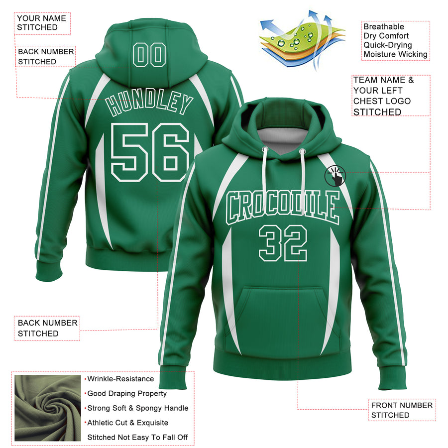 Custom Stitched Kelly Green White 3D Pattern Design Contrast Color Stripe Sports Pullover Sweatshirt Hoodie